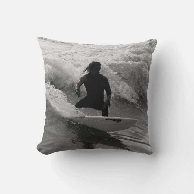 Coussin Surfer En Niveaux De Gris Des Vagues (Recto)