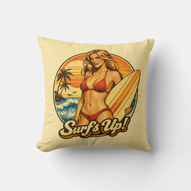 Coussin Surf's Up Bikini Pin-Up | Graphisme de la boutique (Recto)