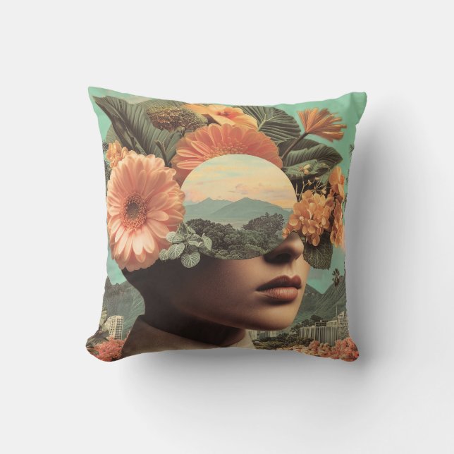 Coussin Surreal Female Portrait with Floral Elements (Recto)