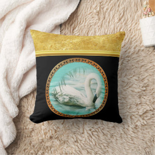 Coussin Swan en eau turquoise avec design or et noir