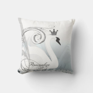 Coussin Swan Princess Argent & Blanc Élégant Personnalisé 
