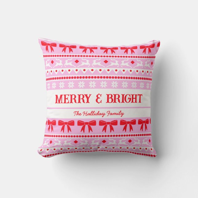 Coussin Sweat moche de Noël Nom de famille rose et rouge (Recto)