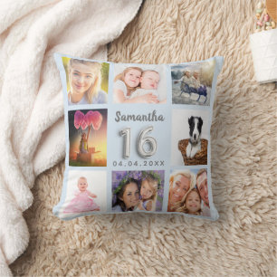 Coussin Sweet 16 bébé bleu argent collage photo