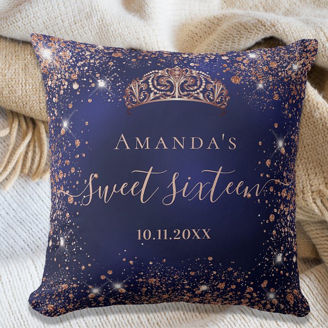 Coussin Sweet 16 bleu rose or tiara nom script (Créateur téléchargé)