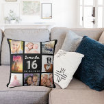 Coussin Sweet 16 collage photo personnalisé noir argent<br><div class="desc">Un cadeau unique pour une fille de Sweet 16, 16e anniversaire, célébrant sa vie avec un collage de 8 de vos propres photos, photos. Personnalisez et ajoutez son nom et une date. Un arrière - plan noir chic. Le nom est écrit avec un script moderne de style lettré à la...</div>