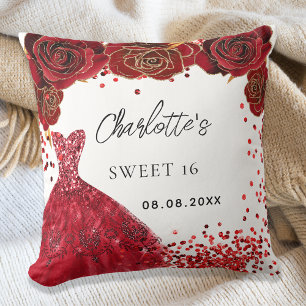 Coussin Sweet 16 fleurs de robe rouge blanc