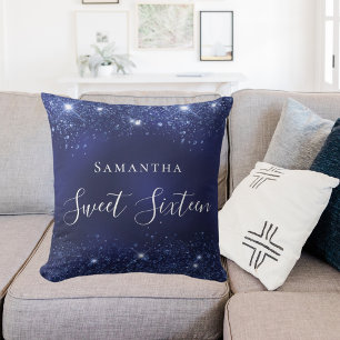Coussin Sweet 16 marine bleu parties scintillant nom de po