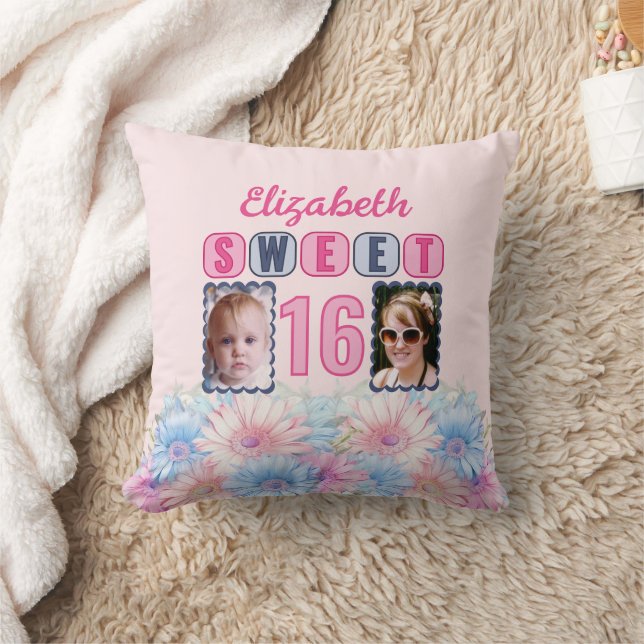 Coussin Sweet 16 nom 2 photos gerbera fleurs rose (Couverture)