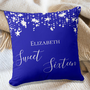 Coussin Sweet 16 royal bleu blanc étoiles nom