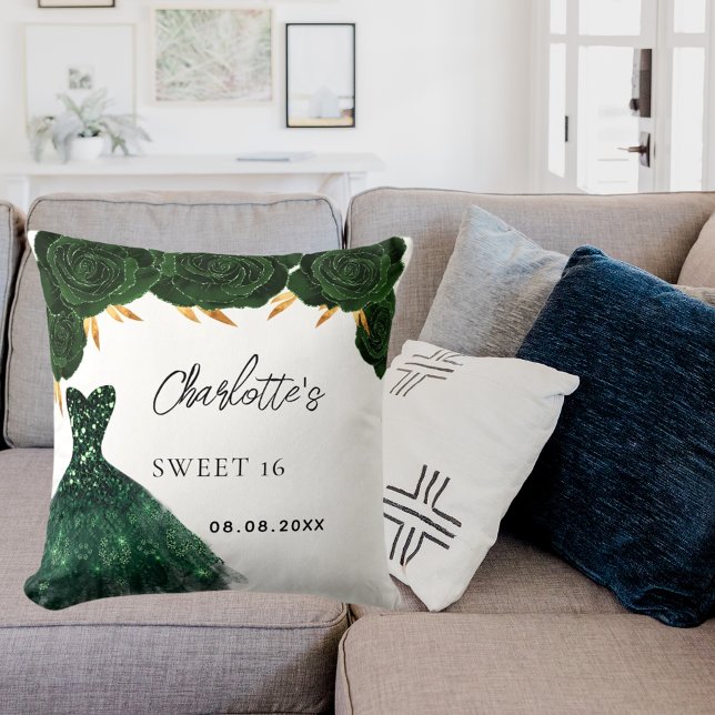 Coussin Sweet 16 vert émeraude fleurs de robe blanc (Créateur téléchargé)