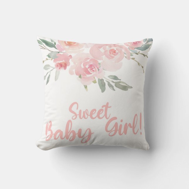 Coussin Sweet Baby Girl rose baby shower à fleurs coussin. (Recto)