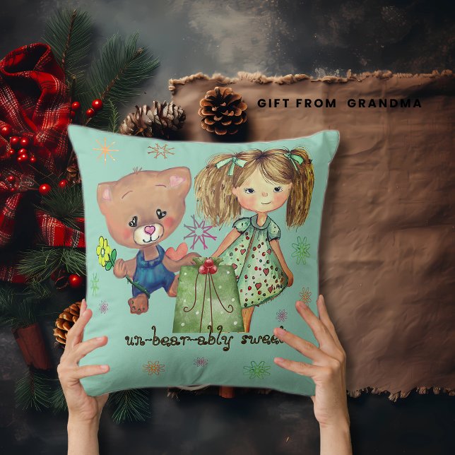 Coussin Sweet Girl et Teddy Bear Turquoise (Sweet Girl and Teddy Bear Teal Throw Pillow)