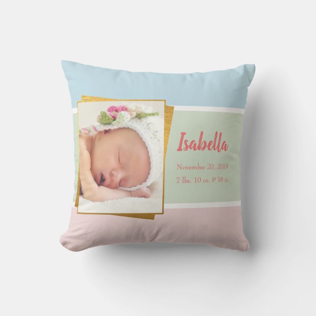 Coussin Sweet Pastel Baby Girl Photo Birth Record État (Recto)