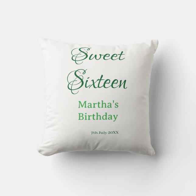Coussin Sweet Sixteen green name date calligraphy boho ret (Recto)