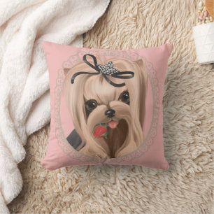 Coussin Sweet Yorkie Chiot Rose Rouge Floral