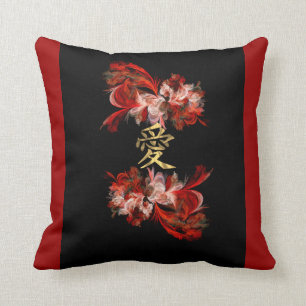 Coussin Symbole chinois d'amour sur la fractale rouge