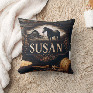 Coussin SYMBOLE DE LA FERME rustique Avec cheval et grange