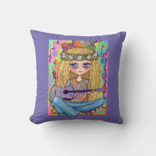 Coussin Symbole de Paix de Guitare violette Chick Hippie C