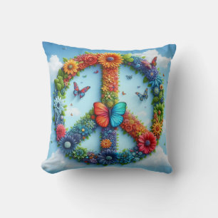 Coussin Symbole de paix floral frais et coloré avec papill