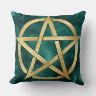 Coussin Symbole de pentagramme doré sur fond vert