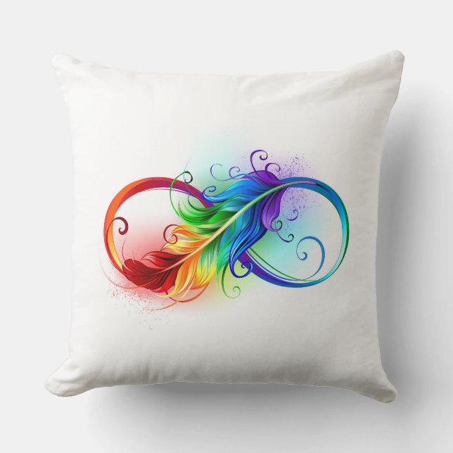 Coussin Symbole d'infini avec plume arc-en-ciel (Recto)