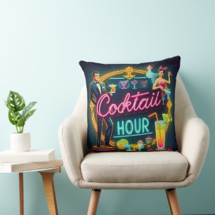 Coussin Symbole du néon du milieu du siècle Cocktail Hour