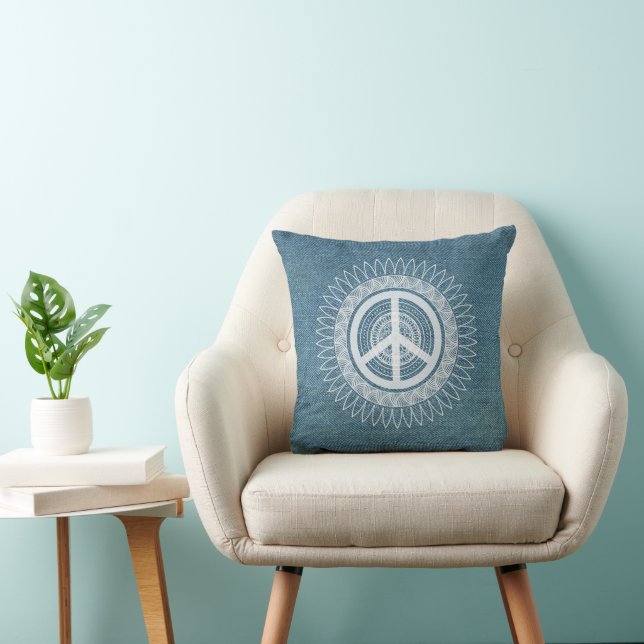 Coussin SYMBOLE PAIX Hippie Daisy Denim Jeans Bleu (Chaise)