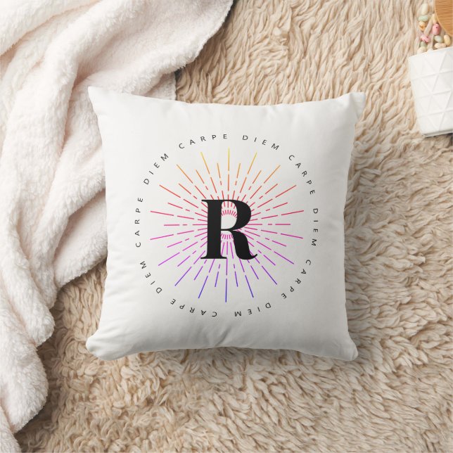 Coussin Symbole Sun Carpe Diem élégant Monogramme blanc (Couverture)