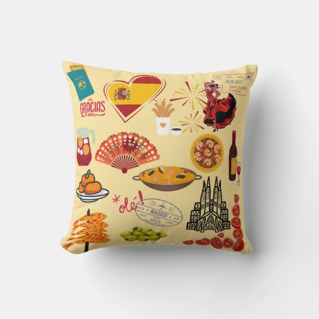 Coussin Symboles espagnols pour amateurs de voyages (Recto)