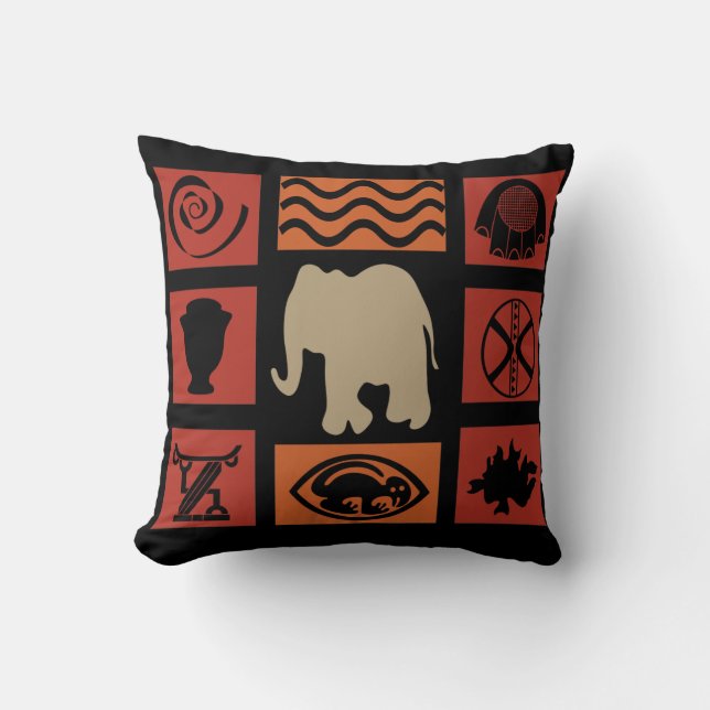 Coussin Symboles tribaux africains abstraits art éléphant (Recto)