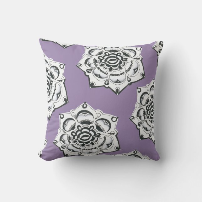 Coussin Symétrie florale noire et blanche Dusty Lilac (Recto)