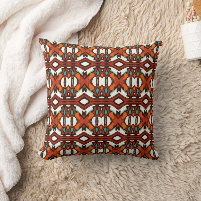 Coussin Symétrie Tribale Orange, Turquoise, Marron (Couverture)