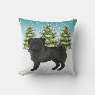 Coussin T Pug noir mignon Chien de dessin animé Forêt enne