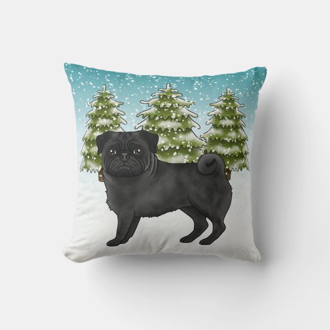 Coussin T Pug noir mignon Chien de dessin animé Forêt enne (Recto)