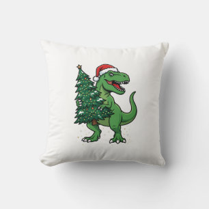Coussin T-Rex de Noël portant un sapin de Noël