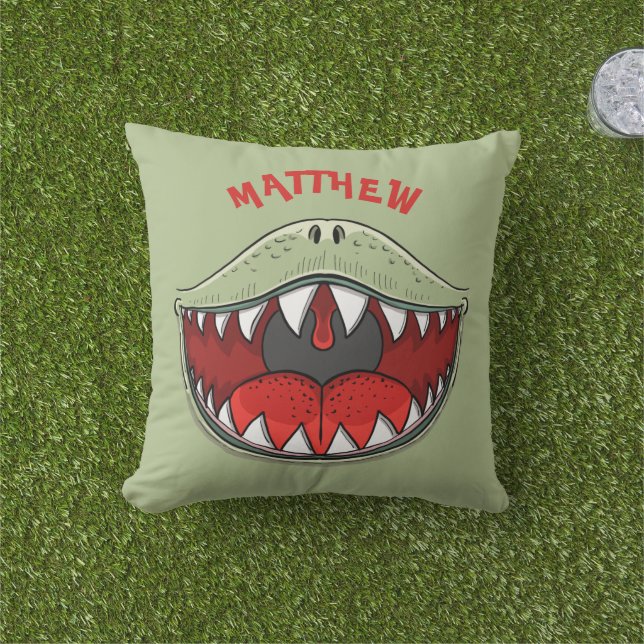 Coussin T-Rex Dinosaure Bouche Vert Nom Enfants (Herbe)
