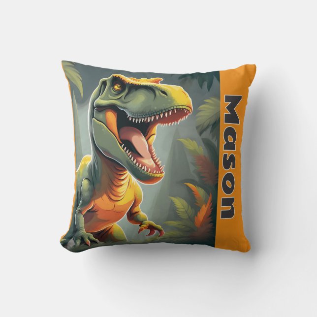 Coussin T-Rex Jurassique Dinosaure Gris et orange (Recto)