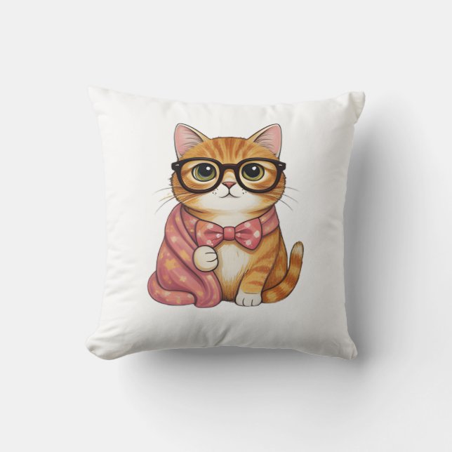 Coussin T-shirt à noeud papillon pour chat orange nerd (Recto)