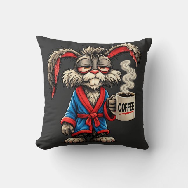 Coussin T-shirt drôle de lapin grincheux café (Recto)