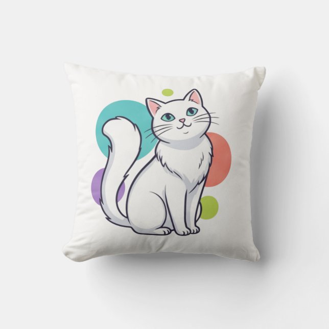 Coussin T-shirt graphique avec un chat blanc mignon assis (Recto)