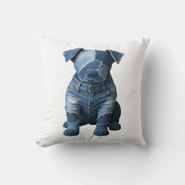 Coussin T-shirt mignon avec patchwork en jean et chien (Recto)