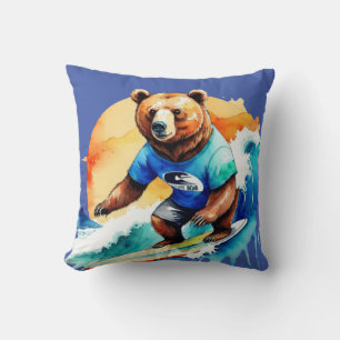 Coussin T-shirt ours à surf drôle