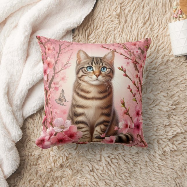Coussin Tabby Chat Japonais Cerisier Fleur Kitten (Couverture)