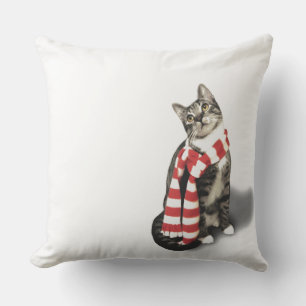 Coussin Tabby Gris Chat en écharpe rayée rouge et blanche