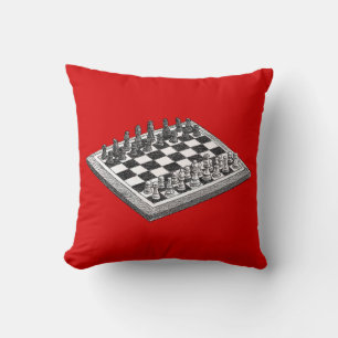 Coussin Tableau d'échecs et pièces d'échecs Art Vintage