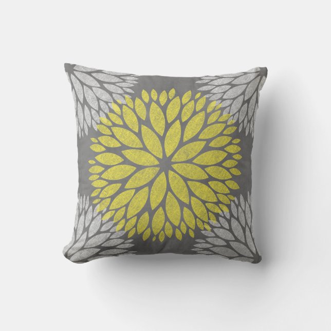 Coussin Tableau floral moderne gris jaune (Recto)