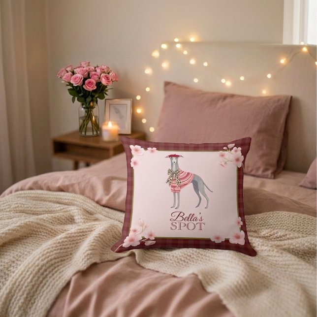 Coussin Tablier à carreaux cerise Chien mignon Lévrier ita (Créateur téléchargé)