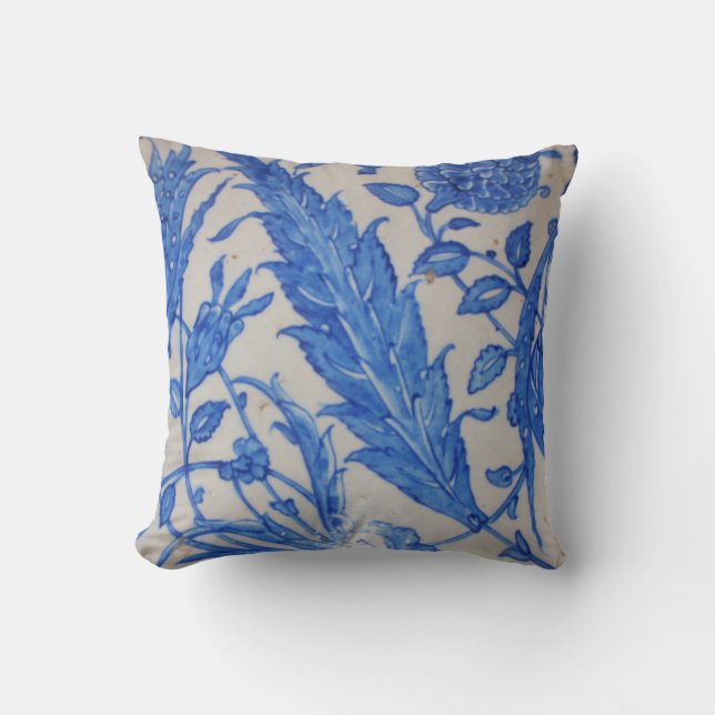 Coussin Tabouret carreau de céramique blanc bleu et floral (Recto)