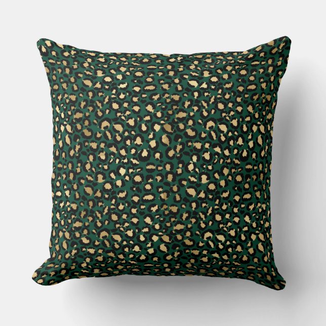 Coussin Taches de léopard dorées et vert foncé élégantes (Recto)