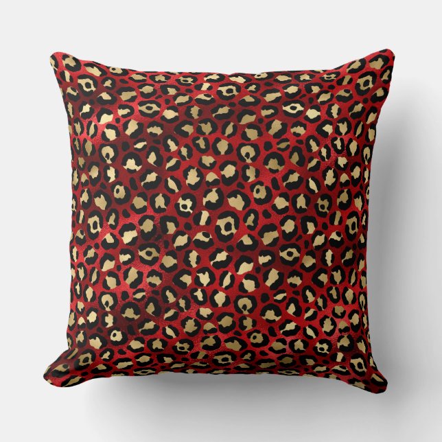 Coussin Taches de léopard en feuille d'or et rouge écarlat (Recto)